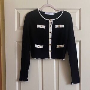 NWT EB LUXE Elegant Black & White Cardigan with Gold Accents, Size L